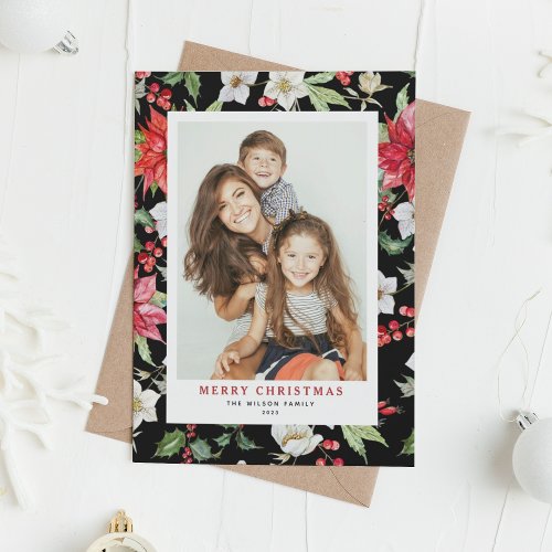 Winter Floral Pattern Black Merry Christmas Photo Holiday Card
