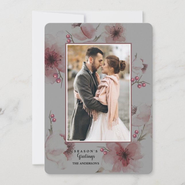Winter Floral Photo Holiday Card (Front)