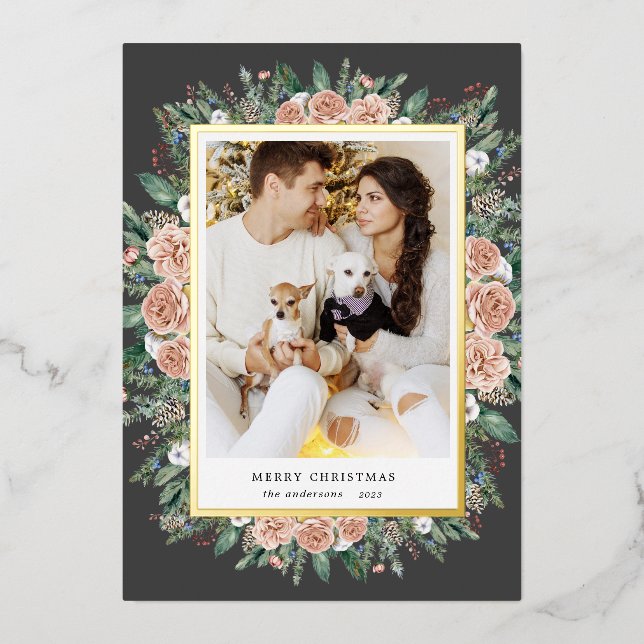 winter floral photo holiday foil invitation (Front)