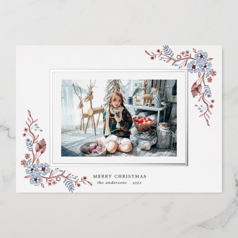 winter floral photo holiday foil invitation