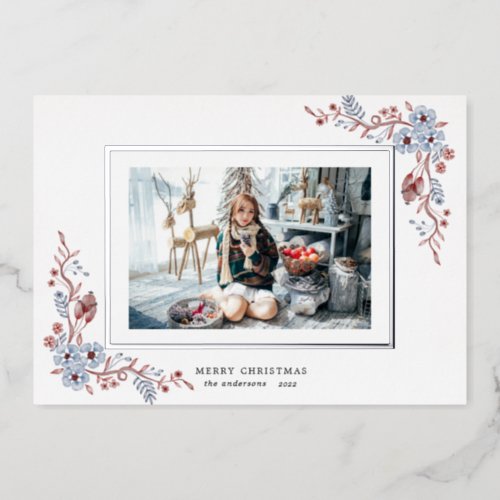 winter floral photo holiday foil invitation