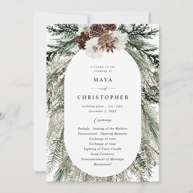 Winter Floral & Pine 2 Wedding Ceremony Program (Front)