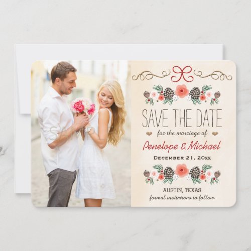 Winter Floral Pine Cone Christmas Save the Date