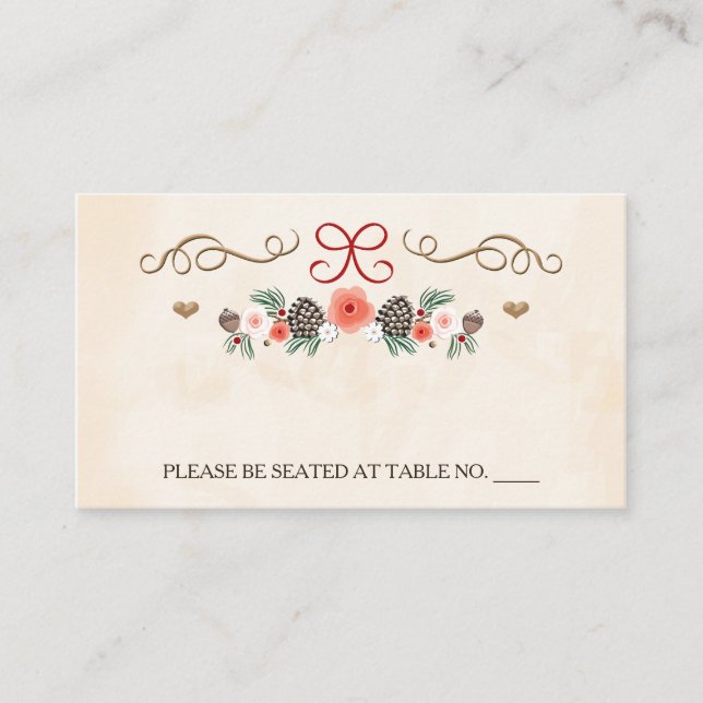 Winter Floral Pine Cone Wedding Seating Place Card (Front)