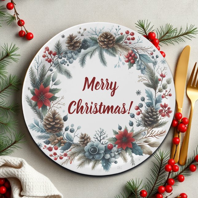 Winter Floral Pine Cones Wreath Paper Plates (Creator Uploaded)