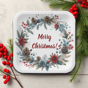 Winter Floral Pine Cones Wreath Paper Plates