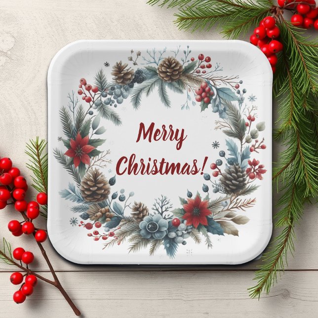 Winter Floral Pine Cones Wreath Paper Plates (Creator Uploaded)