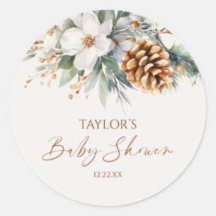 Winter Floral Pine Tree Baby Shower Classic Round Sticker