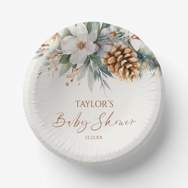 Winter Floral Pine Tree Baby Shower Paper Bowls (Front)