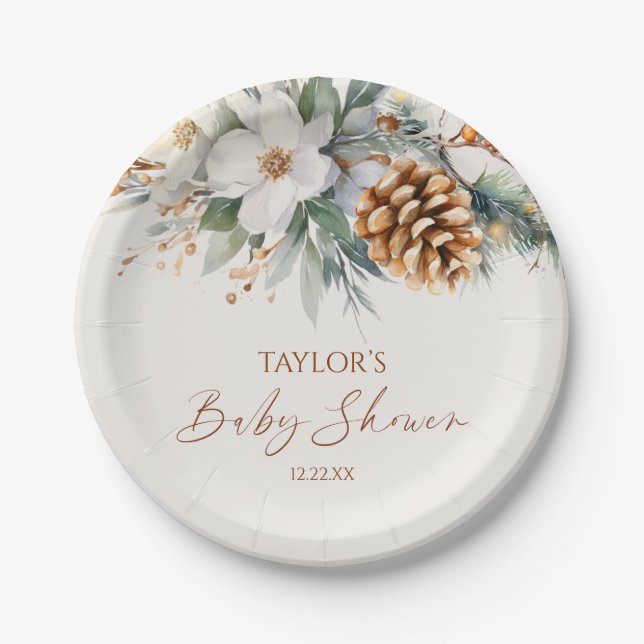 Winter Floral Pine Tree Baby Shower Paper Plates (Front)