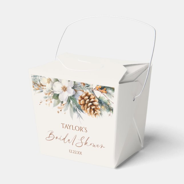 Winter Floral Pine Tree Bridal Shower Favor Boxes (Front Side)