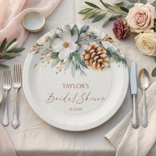 Winter Floral Pine Tree Bridal Shower Paper Plates