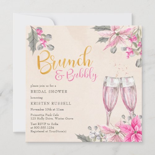 Winter Floral Pink Brunch Bubbly Bridal Shower Invitation