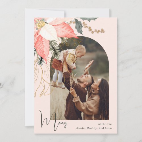 Winter Floral Pink Merry One Photo Holiday Card