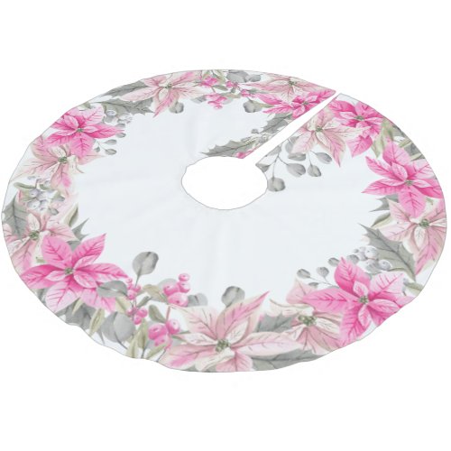 Winter Floral Pink Poinsettia and Holly Brushed Polyester Tree Skirt