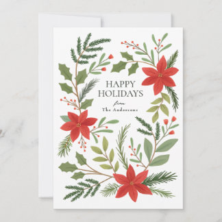 Winter Floral Pointsettia Greenery Holiday Card