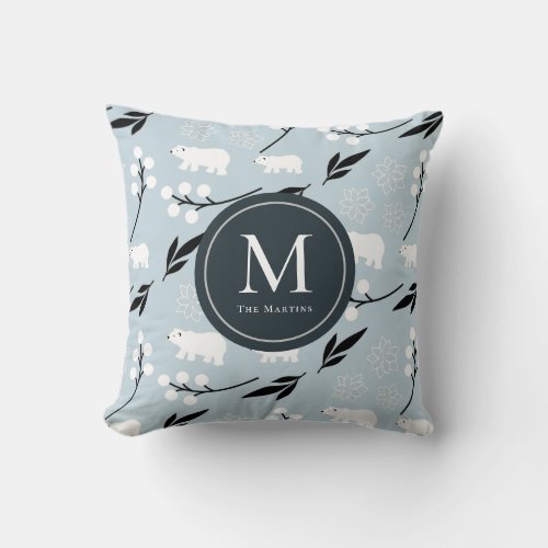 Winter Floral  Polar Bear Pattern Blue Monogram Throw Pillow