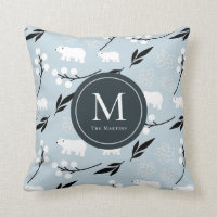 Winter Floral & Polar Bear Pattern Blue Monogram Throw Pillow