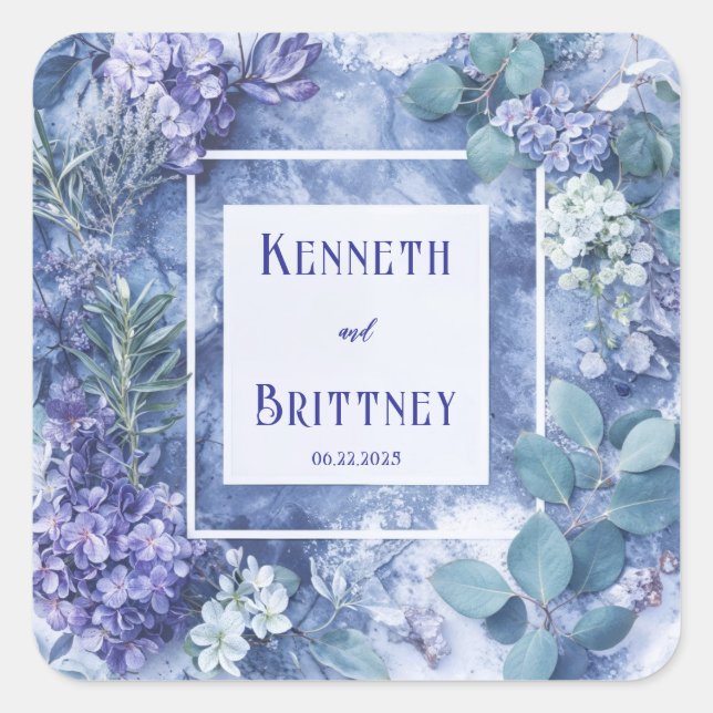 Winter Floral Purple Blue Eucalyptus Marble Square Sticker (Front)