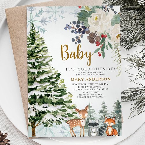 Winter Floral Red Baby Shower Forest Animals Invitation