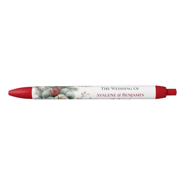 Winter Floral Red White Christmas Rose Wedding  Pen (Front)
