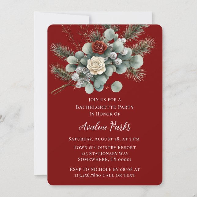 Winter Floral Red White Rose Bachelorette Party Invitation (Front)