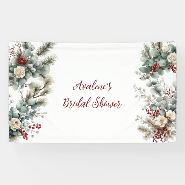 Winter Floral Red White Rose Bridal Shower Banner (Horizontal)