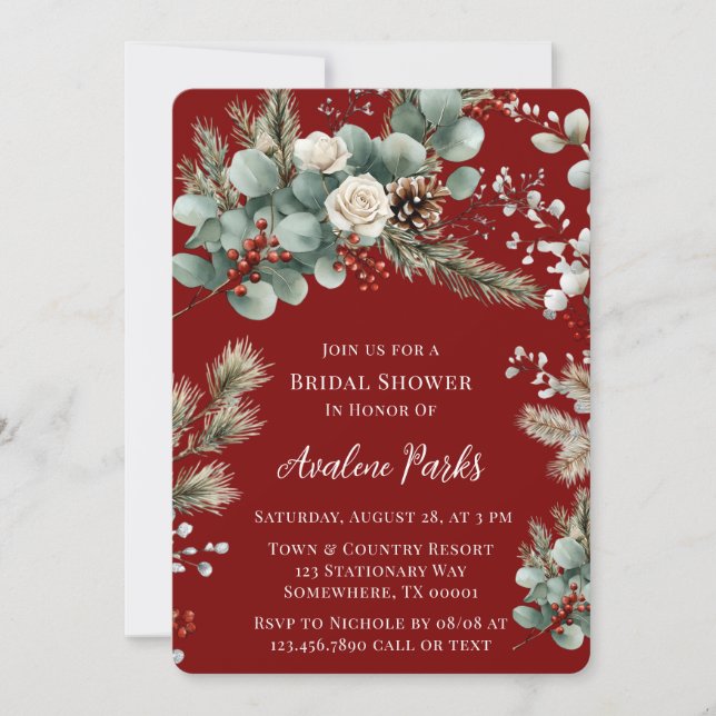 Winter Floral Red White Rose Bridal Shower Invitation (Front)