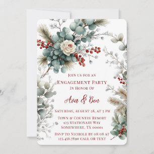 Winter Floral Red White Rose Engagement Party Invitation