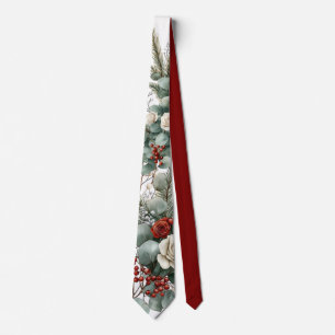 Winter Floral Red White Rose Wedding Groom Neck Tie