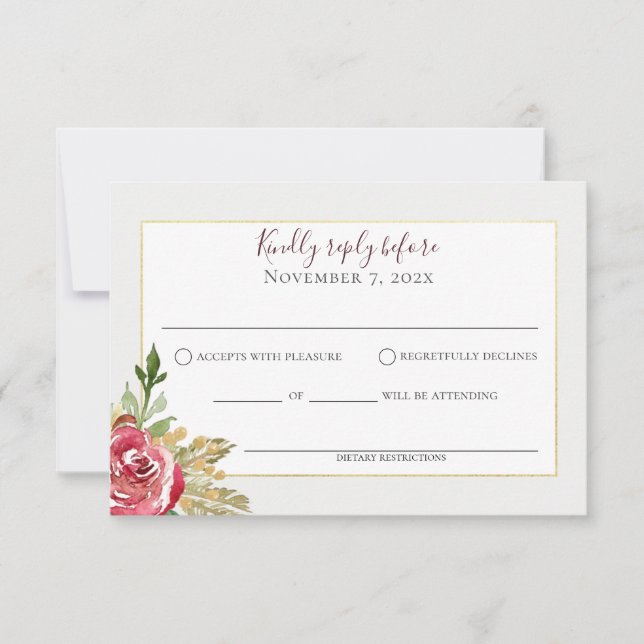 Winter Floral Rose Gold and Silver RSVP Card (Front)