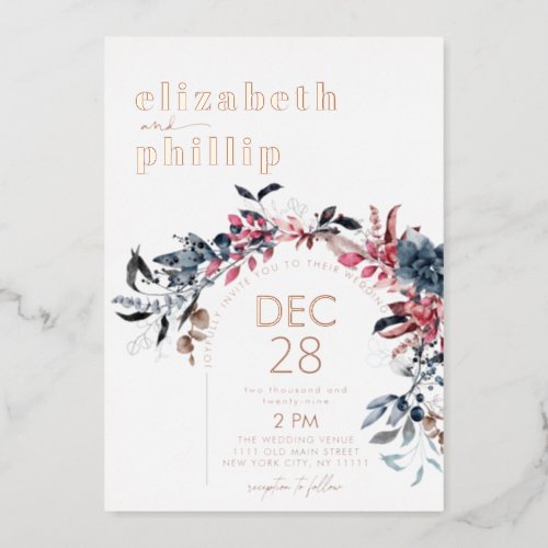 Winter Floral Rose Gold Christmas Holiday Wedding Foil Invitation