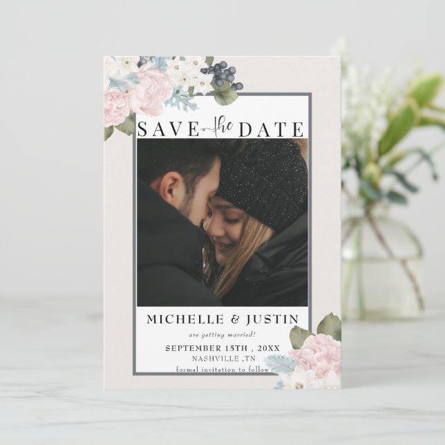 Winter Floral | Rustic Photo Wedding Save The Date (Standing Front)