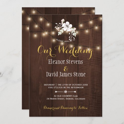 Winter Floral Rustic Wedding  Brown White Gold Invitation