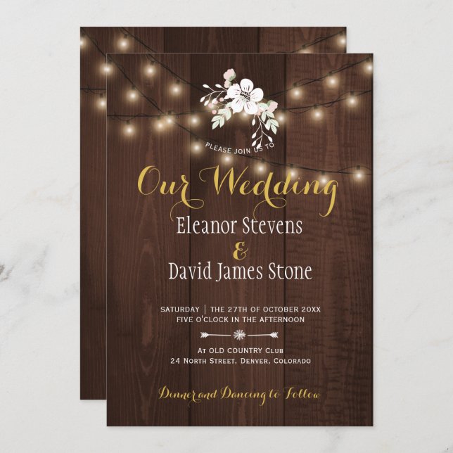 Winter Floral Rustic Wedding | Brown White Gold Invitation (Front/Back)