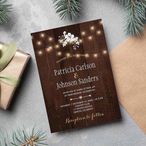 Winter Floral Rustic Wedding  String Lights Wood Invitation