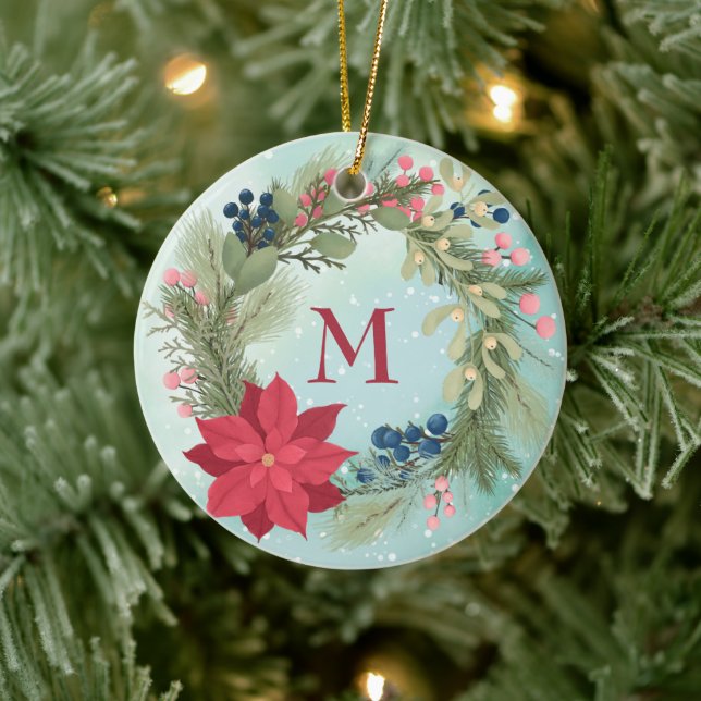 Winter floral rustic wreath poinsettia monogram ceramic ornament (Tree)