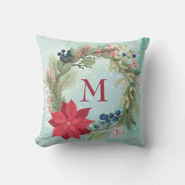 Winter floral rustic wreath poinsettia monogram th throw pillow (Front)
