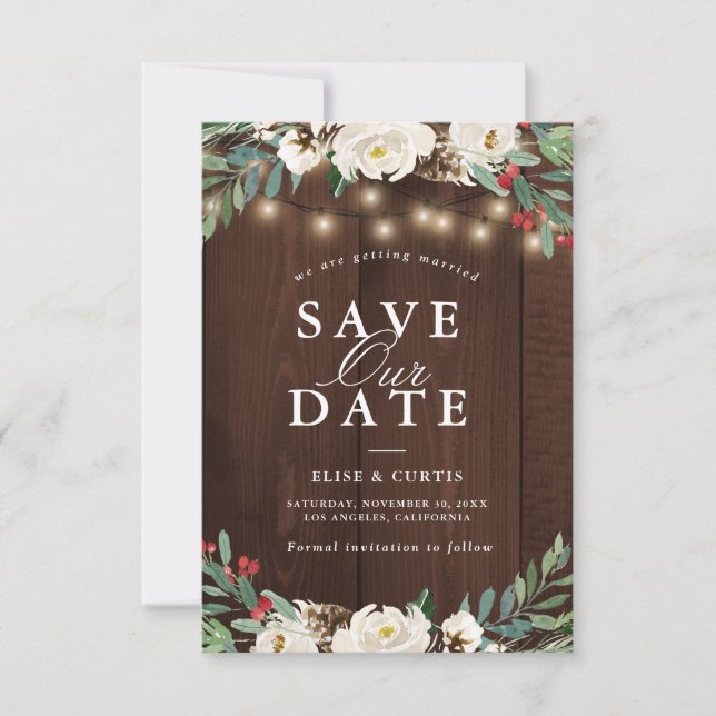 winter floral save the date card (Front)