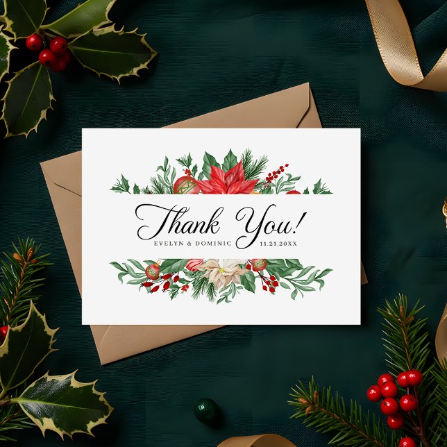 Winter Floral Script Greenery Holiday Wedding Thank You Card (Creator Uploaded)