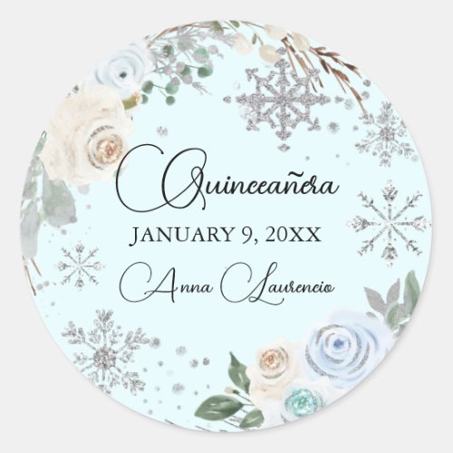 Winter Floral Silver and Light Blue Quinceanera Classic Round Sticker