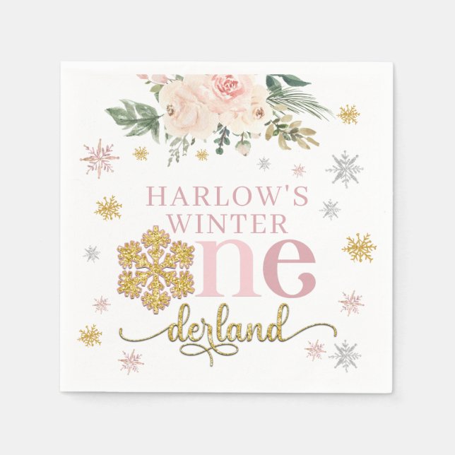 Winter Floral Snowflake ONEderland 1st Birthday Napkins (Front)