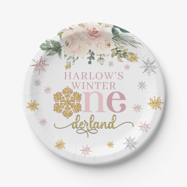 Winter Floral Snowflake ONEderland 1st Birthday  Paper Plates (Front)
