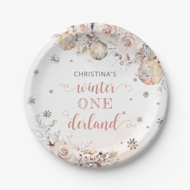 Winter Floral Snowflake ONEderland 1st Birthday Paper Plates (Front)