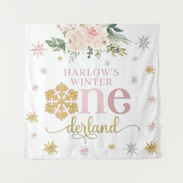 Winter Floral Snowflake ONEderland 1st Birthday Tapestry (Front)