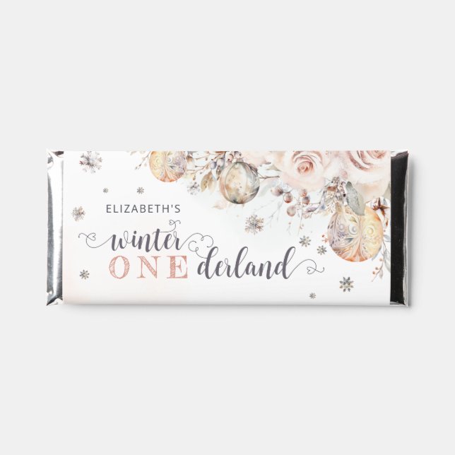 Winter Floral Snowflake Onederland Birthday Hershey Bar Favors (Front)