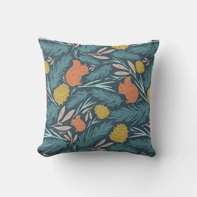 Winter Floral Squirrel Pinecone Christmas Decor Throw Pillow (Front)