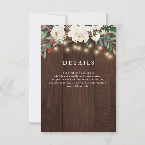 winter floral string lights wedding details card