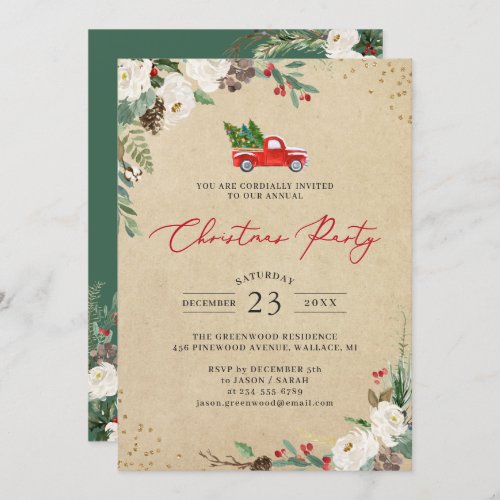 Winter Floral Vintage Truck Christmas Party Invitation