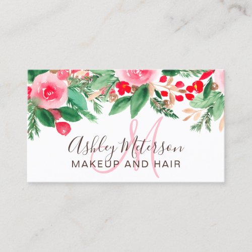 Winter floral watercolor chic makeup hair business card